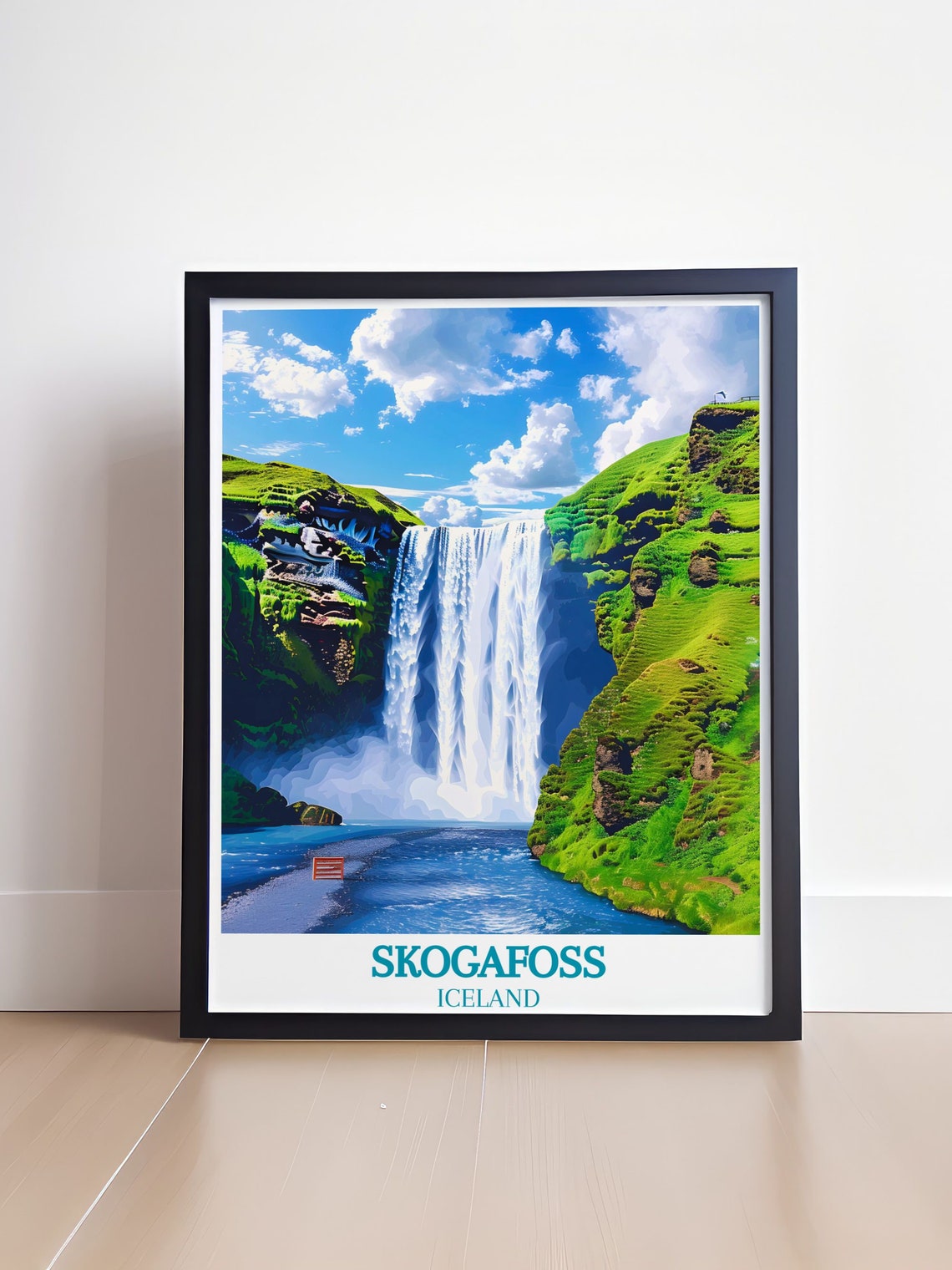 Skogafoss Iceland Towering Waterfall Between Green Cliffs Poster