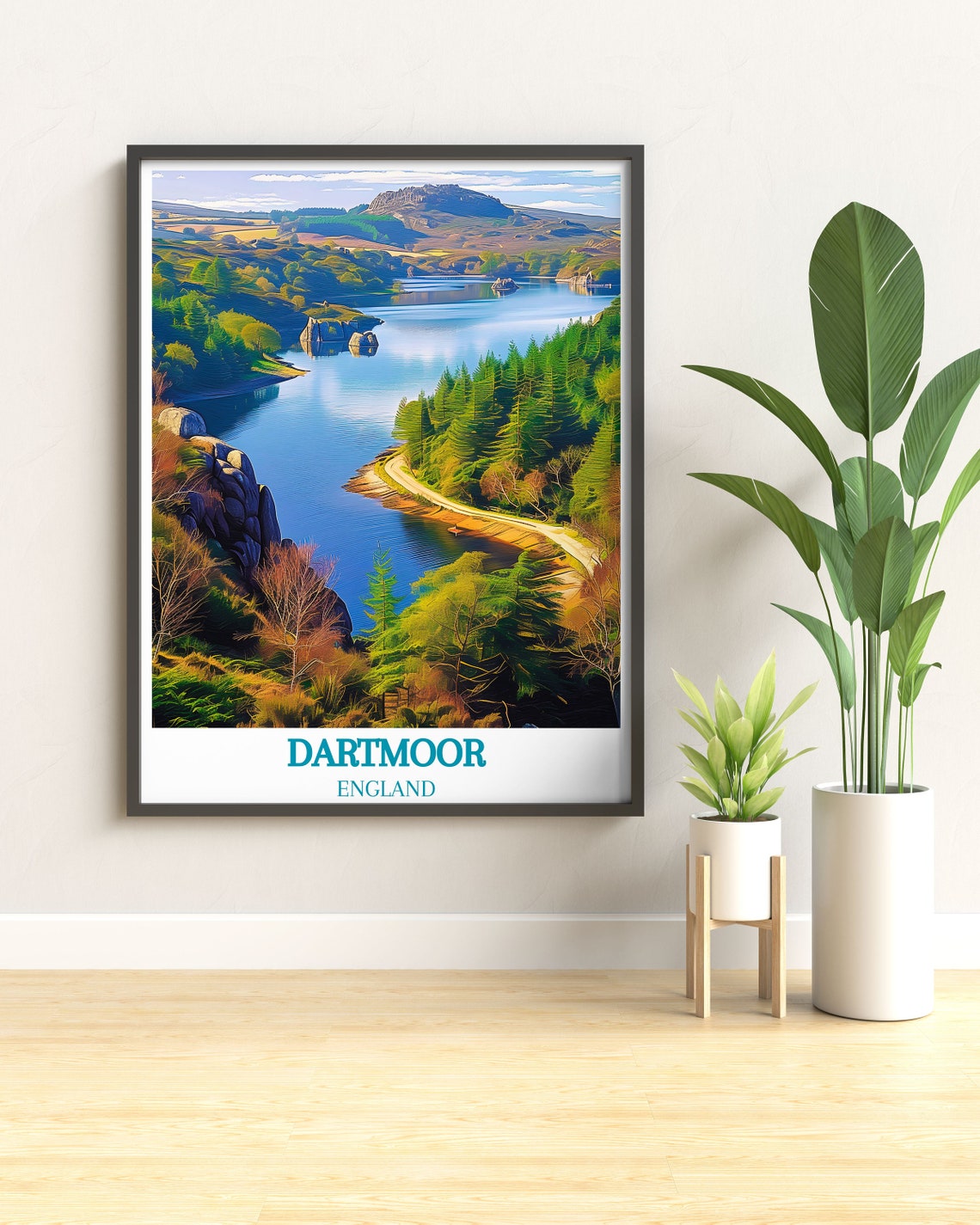 Dartmoor England Serene Reservoir Between Forest And Rocky Tors Poster - Image 3