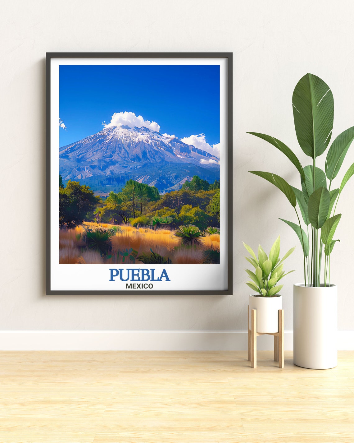 Puebla Mexico Smoking Volcano over Golden Fields and Forest Poster - Image 2