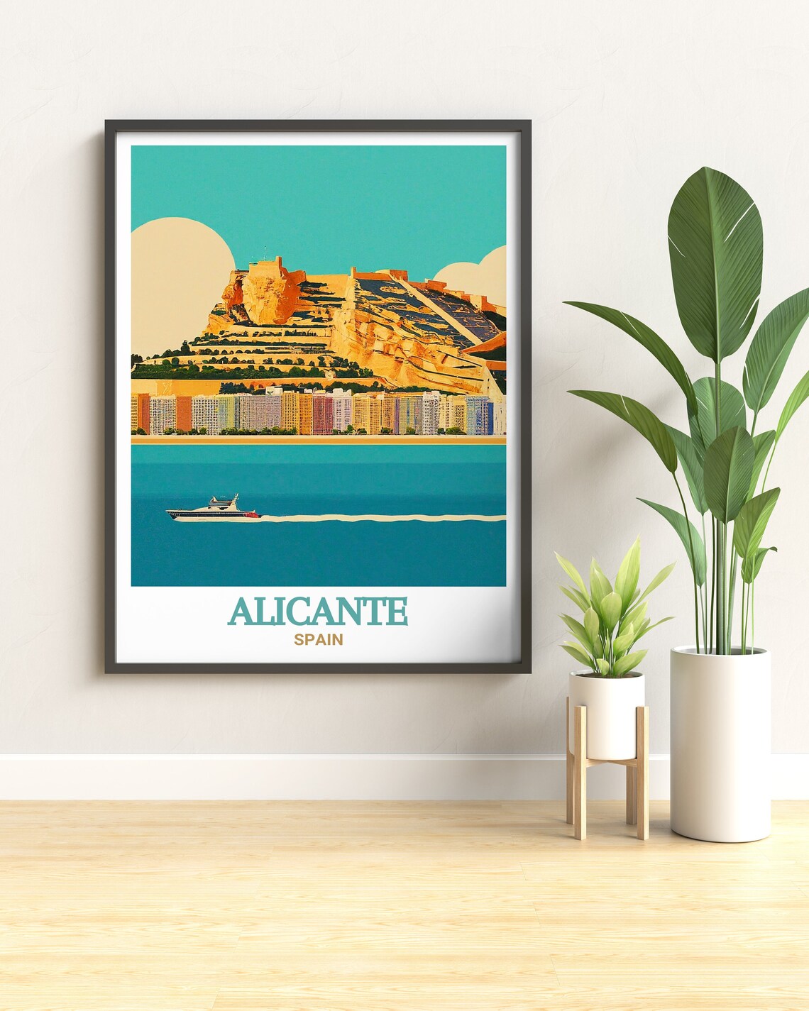 Alicante Santa Barbara Castle Yacht Teal Sun Spain Harbor Poster - Image 2