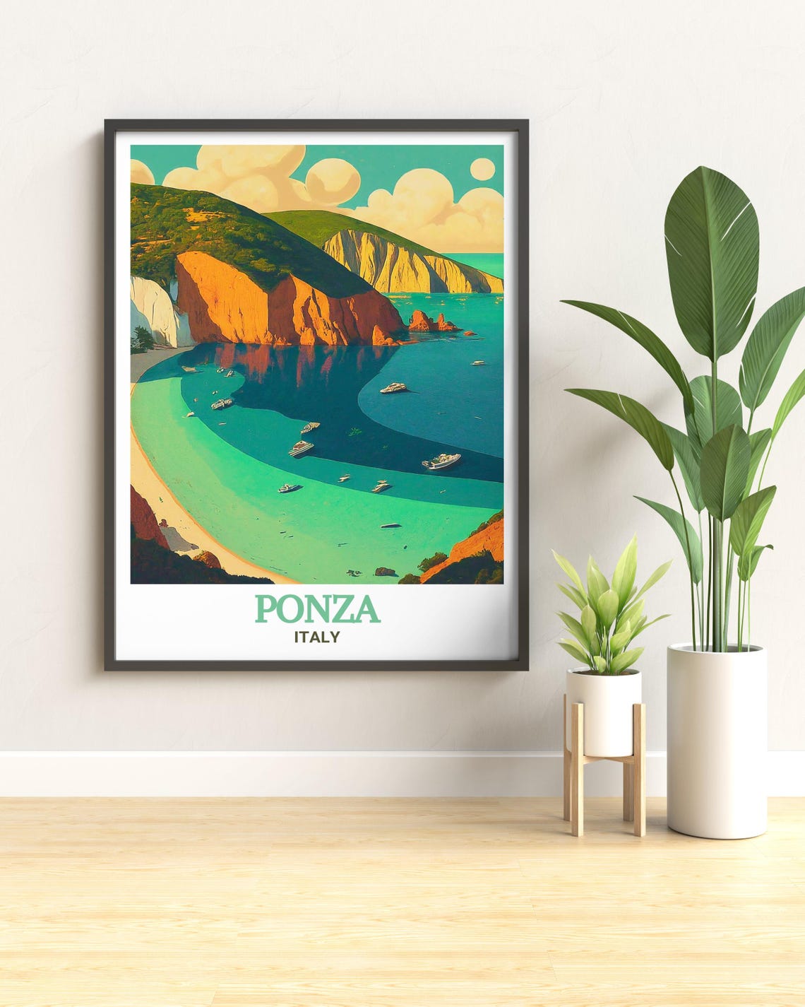 Ponza Italy Sunny Crescent Beach and Orange Cliffs Travel Poster - Image 3