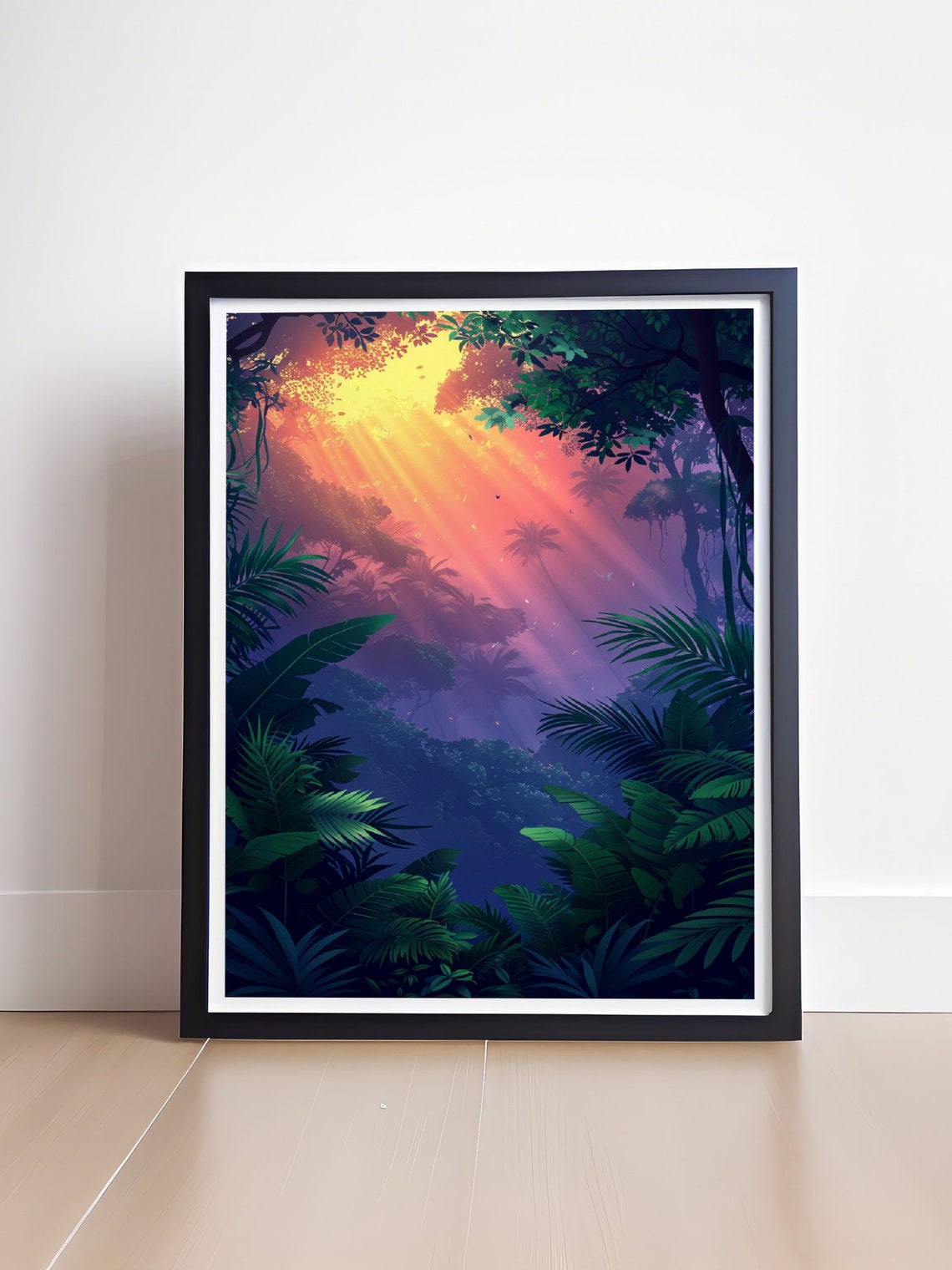 Golden Sunbeams Streaming Through Misty Tropical Jungle Lush Wall Art - Image 4