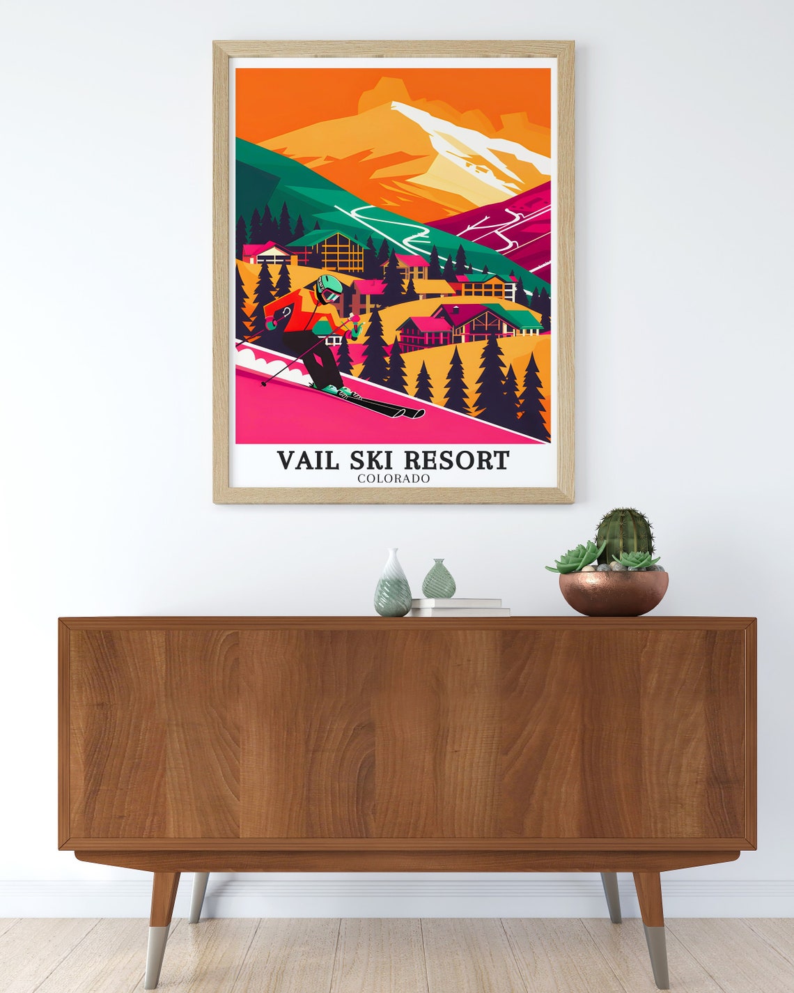 Vail Ski Resort Colorado Retro Skier Pink Slope Graphic Poster - Image 3
