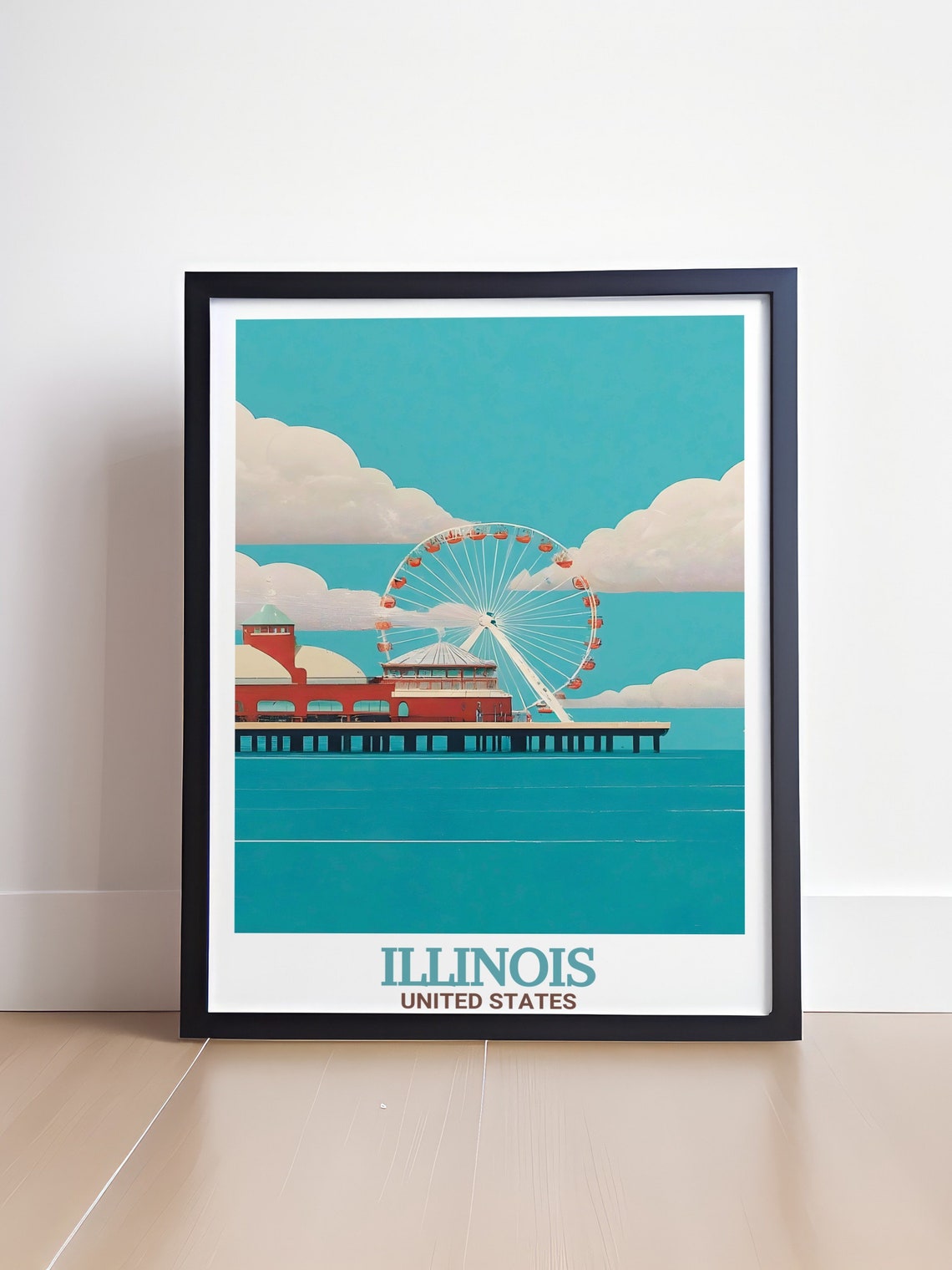 Illinois Chicago Navy Pier Ferris Wheel Retro Waterfront Poster - Image 4