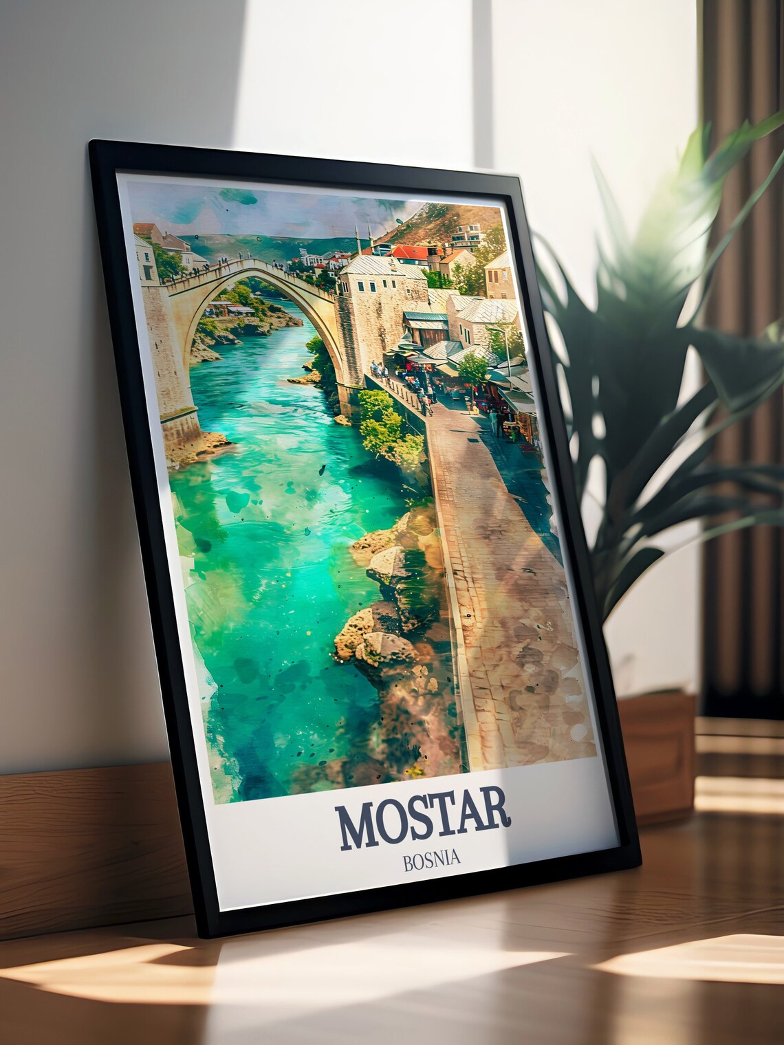 Mostar Old Bridge Riverside Promenade Watercolor Travel Art Poster - Image 2