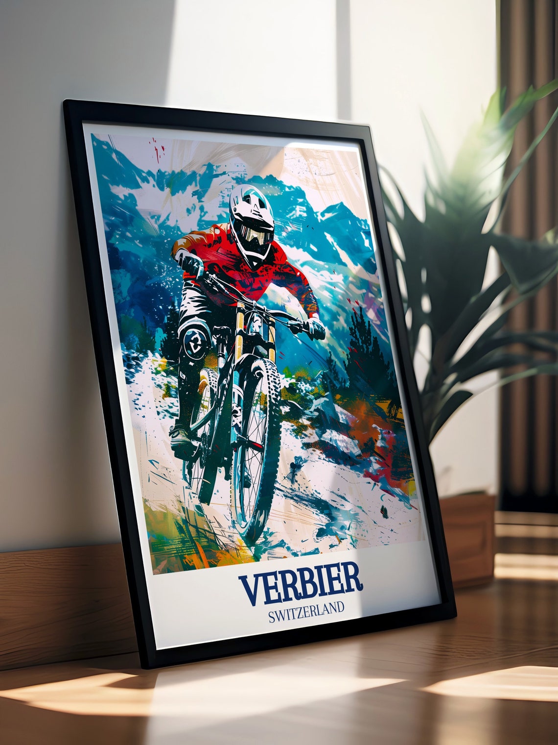 Verbier Mountain Biker Downhill Action Painting Switzerland Poster - Image 2