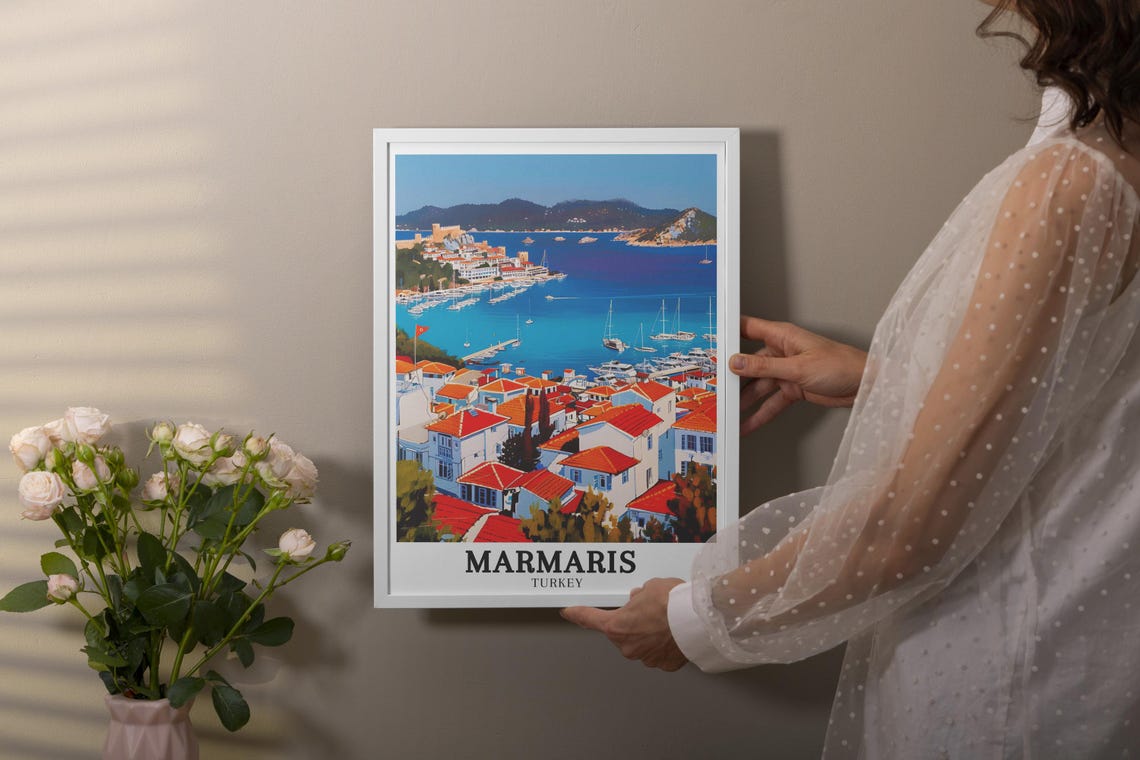 Marmaris Turkey Coastal Harbor Marina with Red Roofs and Yachts Poster - Image 3