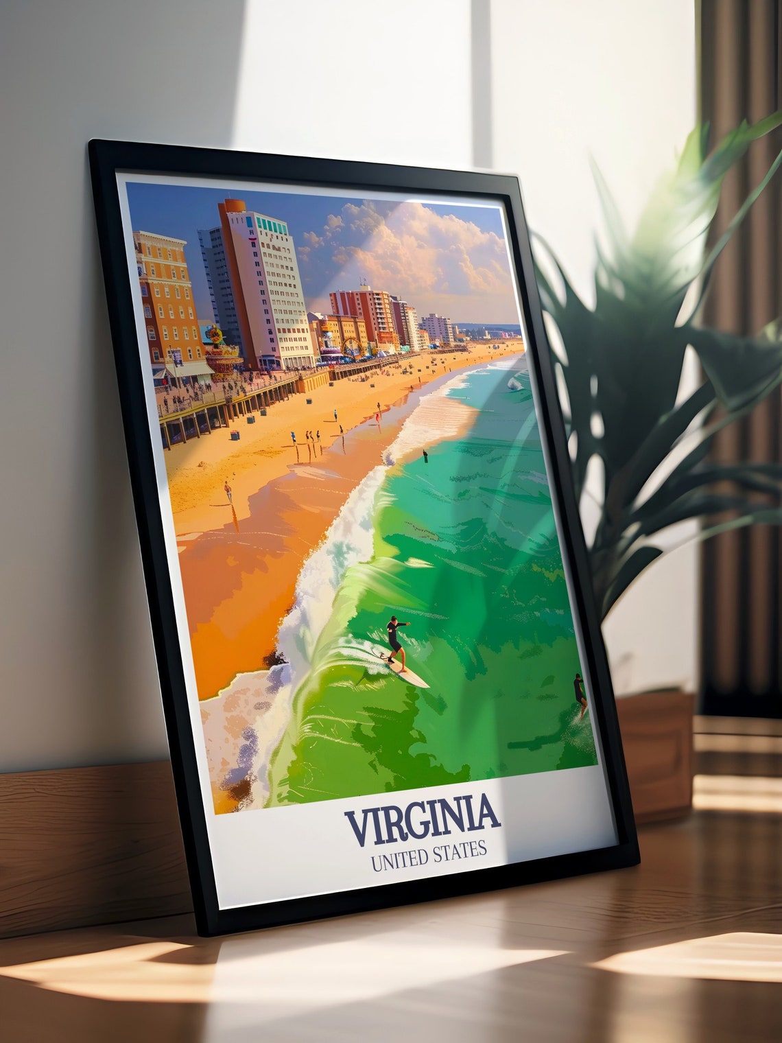 Virginia Beach Boardwalk Surfer Emerald Wave Vintage Travel Poster - Image 3