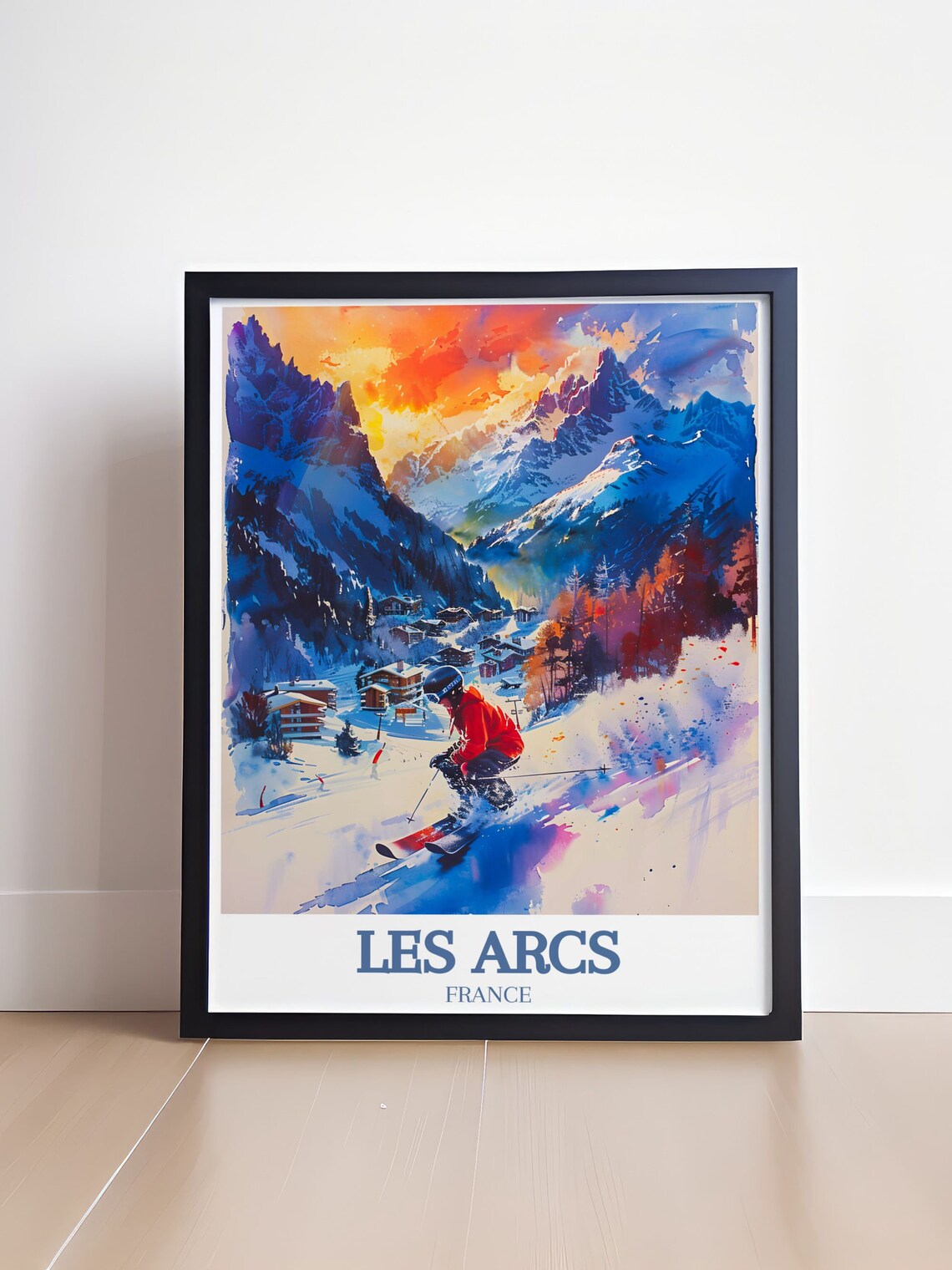 Les Arcs France Skier in Red Descending Past Village Chalets Poster - Image 4