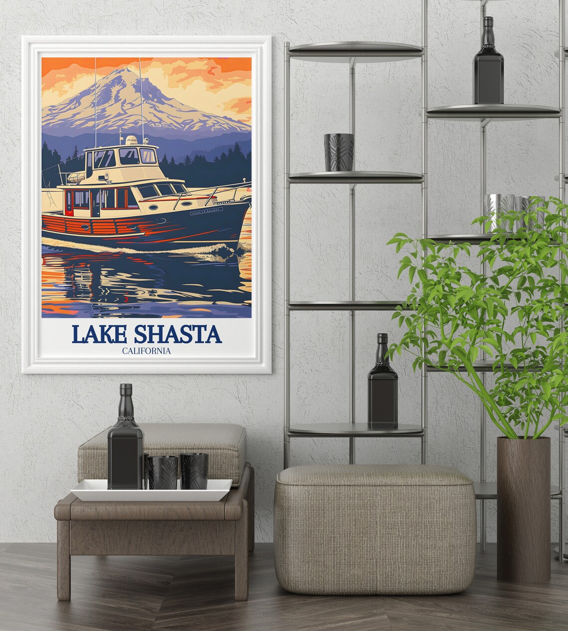 Houseboat at Sunset Below Mount Shasta California Travel Poster - Image 2