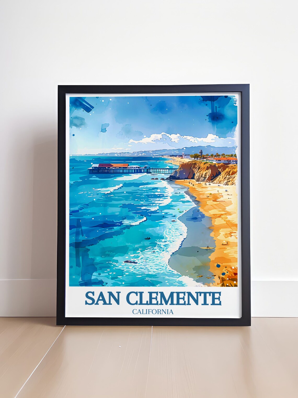 San Clemente California Pier Watercolor Beach Scene Travel Poster - Image 4