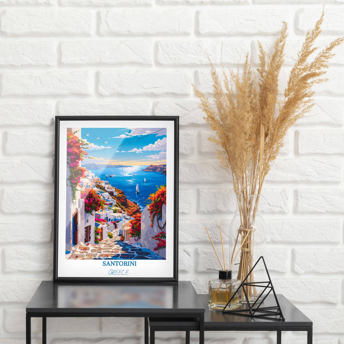 Santorini Whitewashed Alley with Bougainvillea and Caldera Poster - Image 3