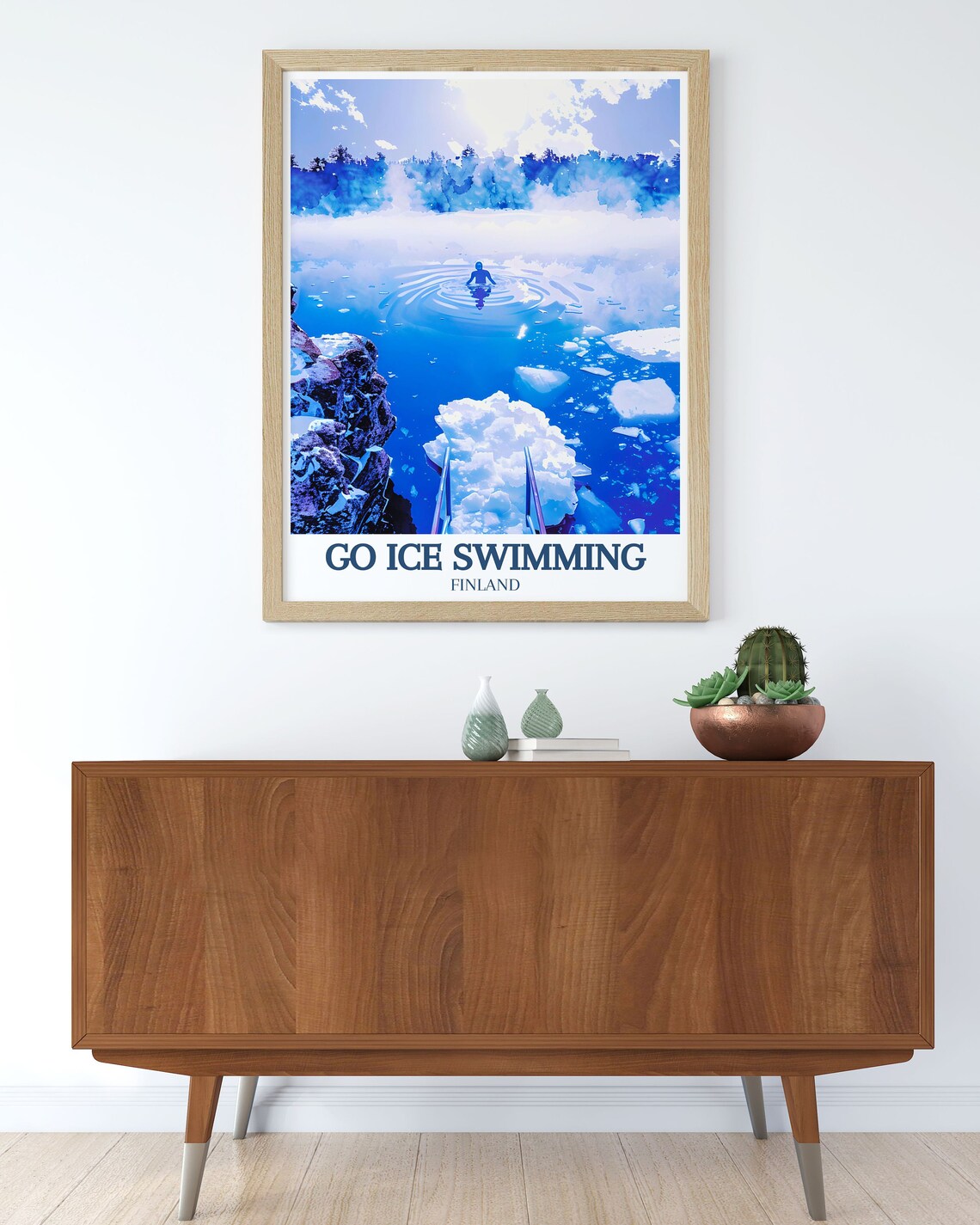 Go Ice Swimming Finland Lone Swimmer in Frozen Blue Lake Poster - Image 3