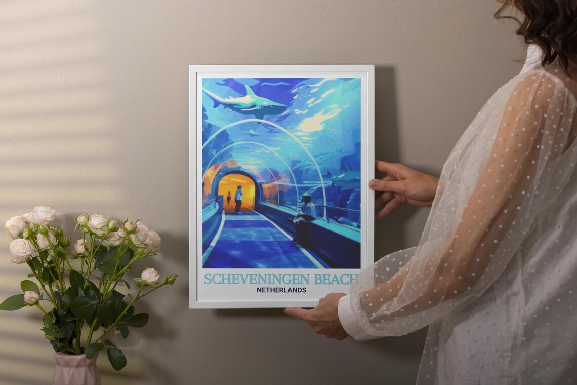 Scheveningen Beach Poster with Aquarium Tunnel and Swimming Sharks - Image 2