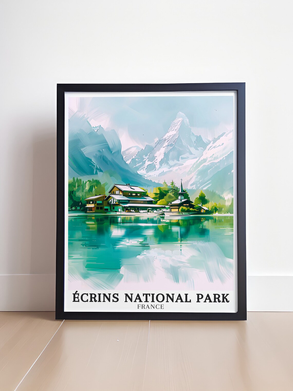 Écrins National Park France Alpine Lake Village Chalets Poster - Image 4