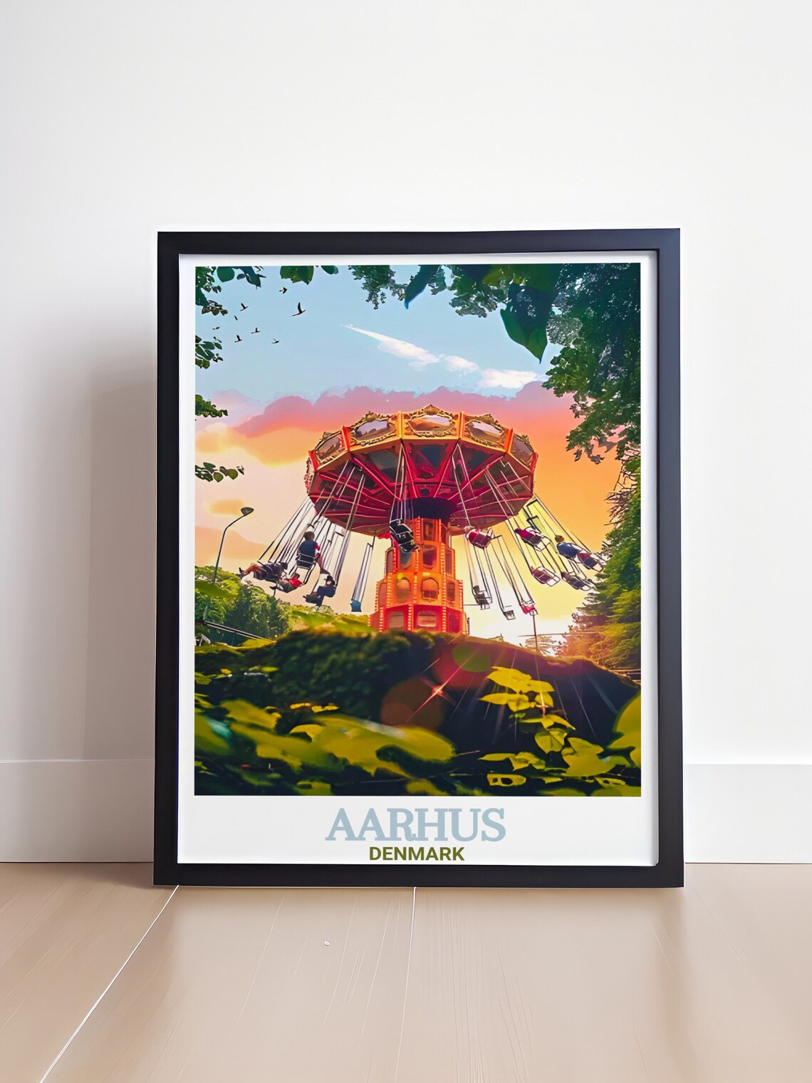 Aarhus Denmark Tivoli Friheden Swing Ride Sunset Amusement Park Poster - Image 4