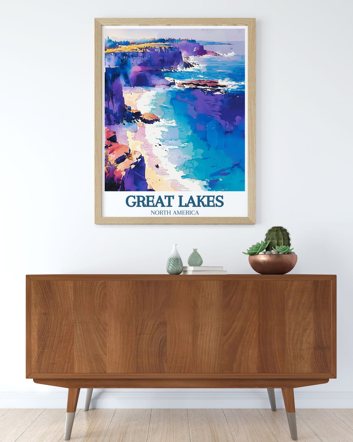 Great Lakes Dramatic Cliffs Watercolor Seascape Travel Poster - Image 2