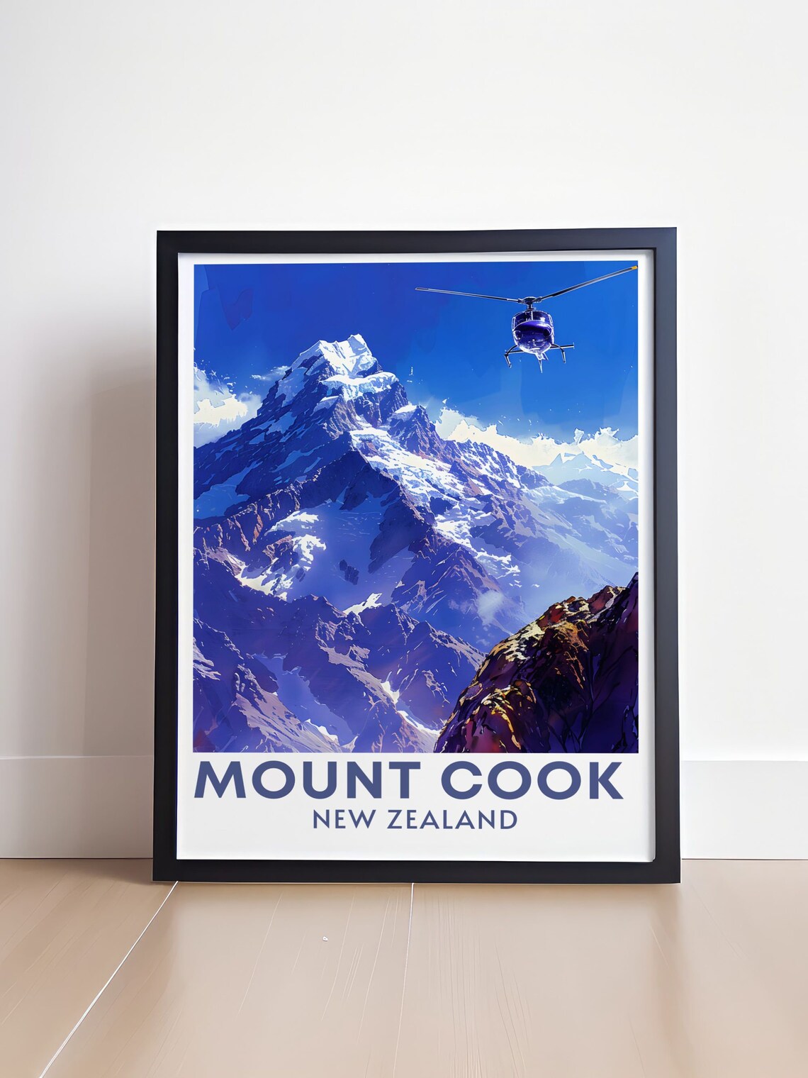 Mount Cook Snow Peak with Helicopter New Zealand Travel Poster - Image 4