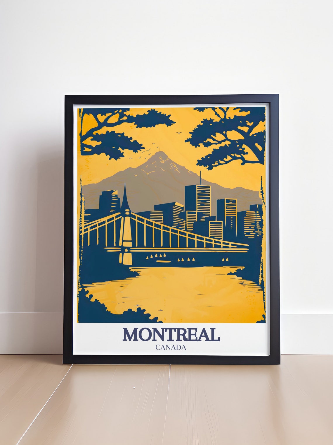Montreal Canada Retro Navy Gold Bridge City Skyline Art Poster - Image 4