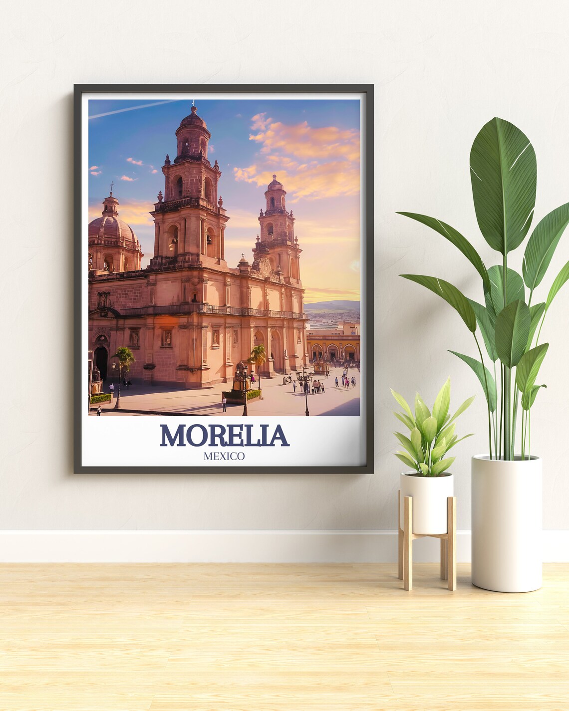Morelia Mexico Cathedral Pink Stone Plaza Sunset Travel Poster - Image 3