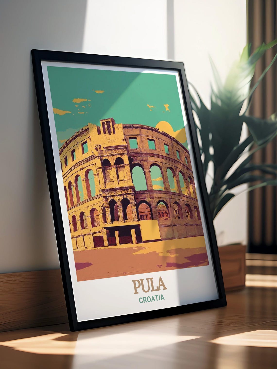 Pula Croatia Poster with Roman Amphitheater in Retro Graphic Style - Image 3