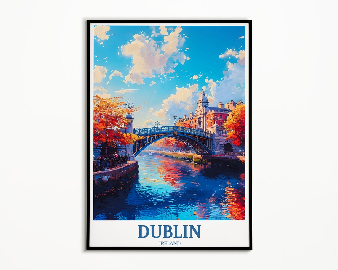 Dublin Ireland Ha'penny Bridge Autumn Colors River Travel Poster - Image 3
