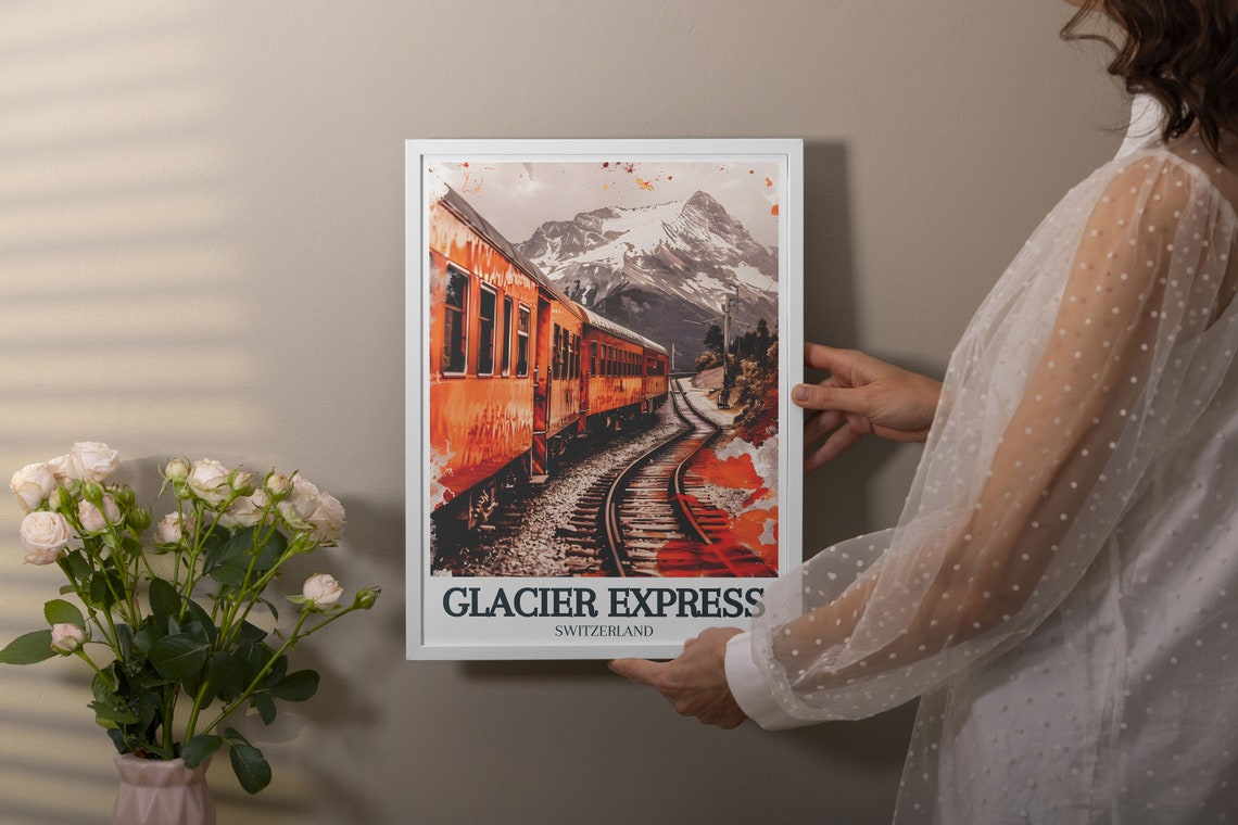 Glacier Express Red Train Through the Snowy Swiss Alps Travel Poster - Image 2