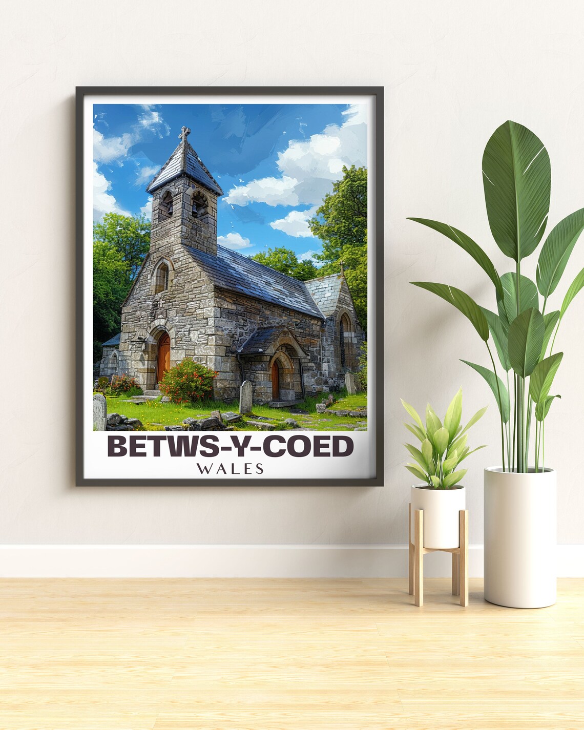 Betws-y-Coed Wales Historic Stone Church Blue Sky Travel Poster - Image 3