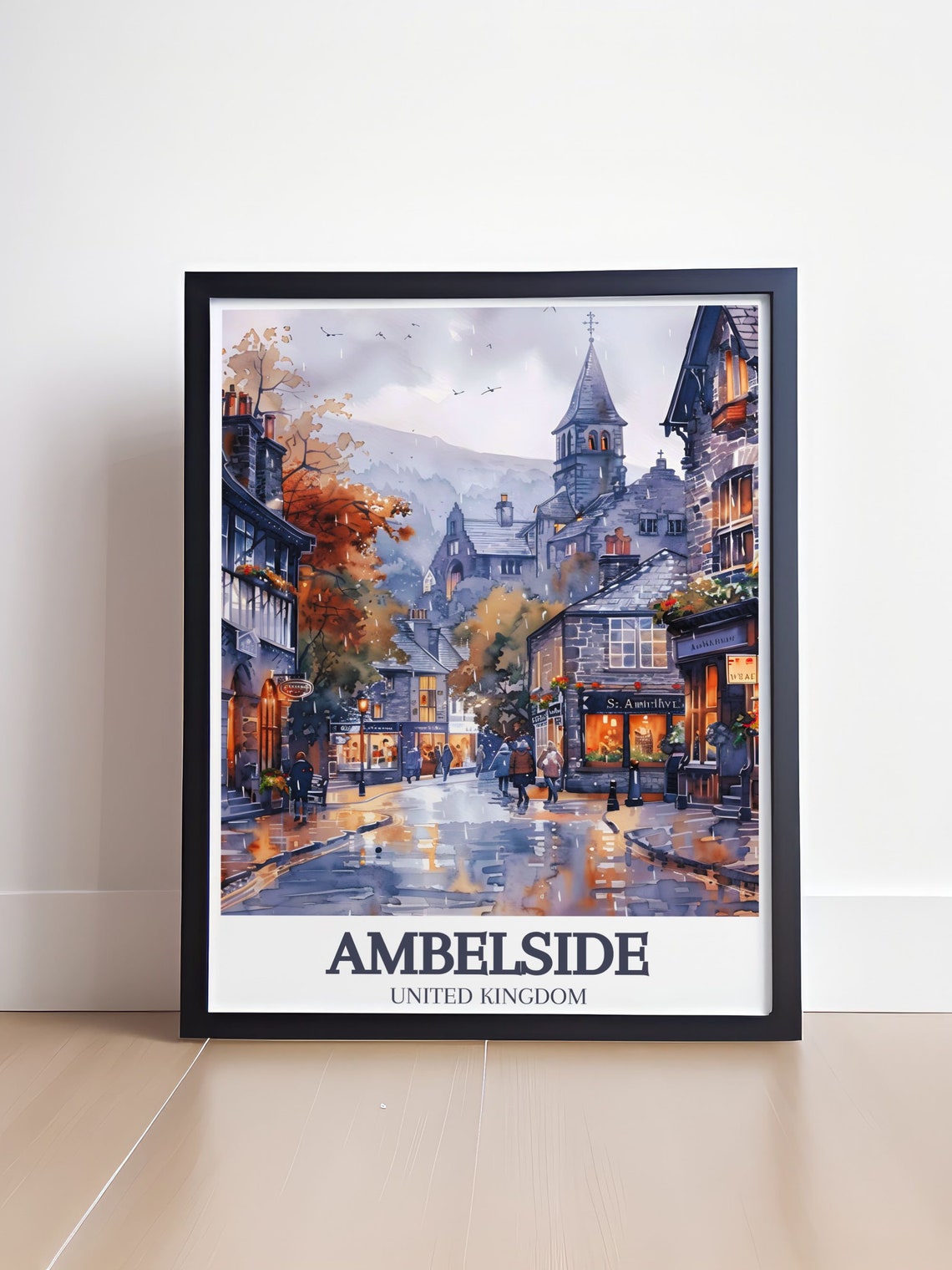 Ambleside Lake District Rainy Old Town Street Watercolor Poster - Image 4