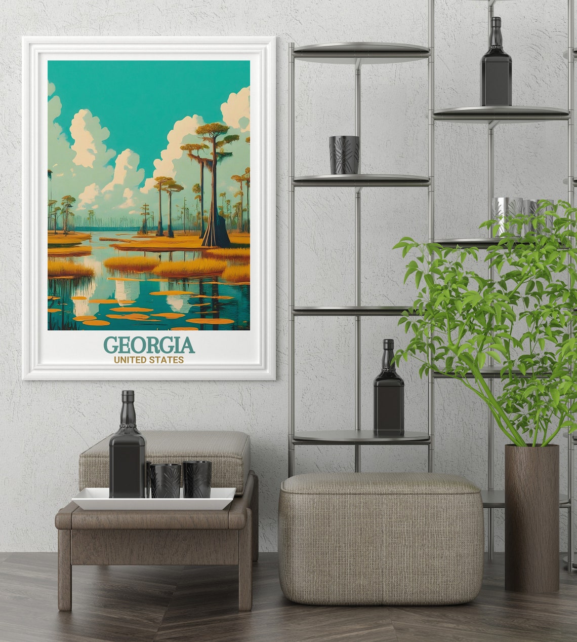 Okefenokee Swamp Cypress Wetlands Under Teal Sky Travel Poster - Image 2