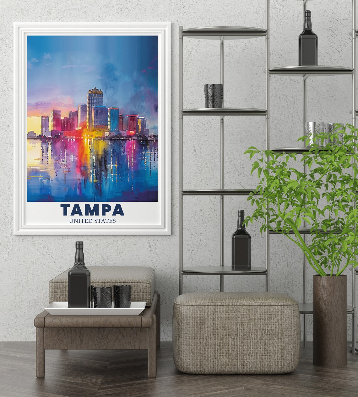 Tampa Night Skyline Watercolor Colorful Bay Reflections Poster - Image 2