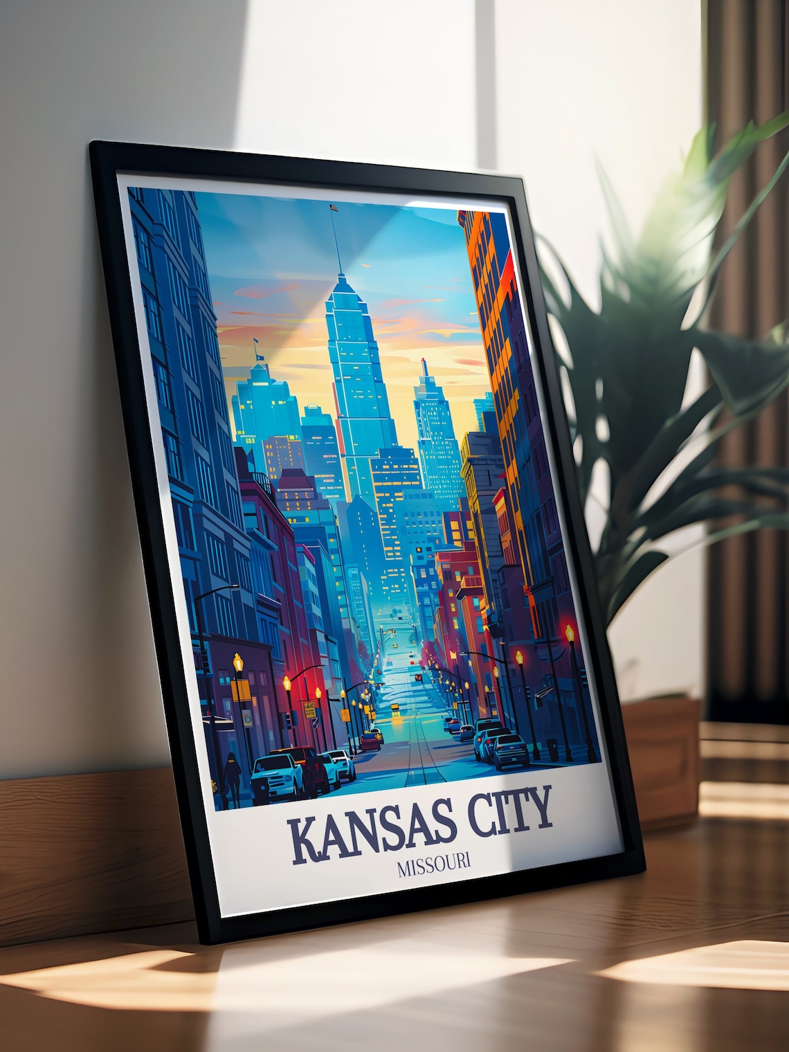 Kansas City Missouri Dusk Street View With Glowing Skyscrapers Poster - Image 2