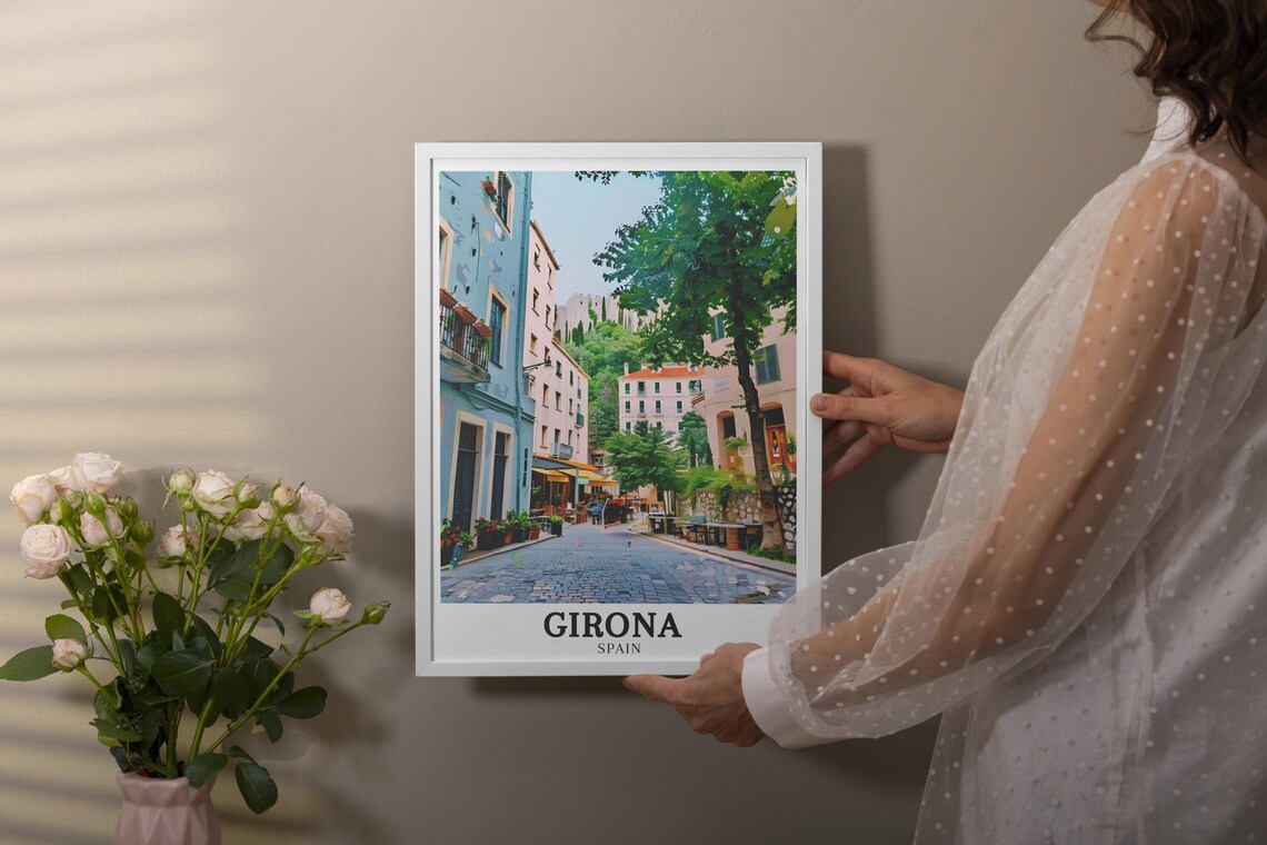 Girona Spain Cobblestone Old Town Street Cafe Scene Travel Poster - Image 2