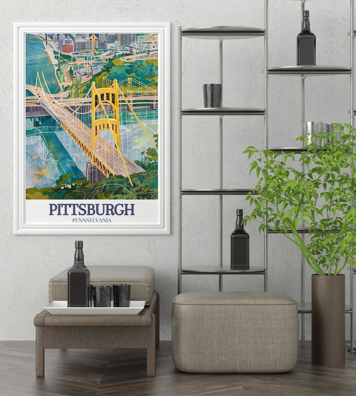Pittsburgh Pennsylvania Yellow Suspension Bridge over the River Poster - Image 3