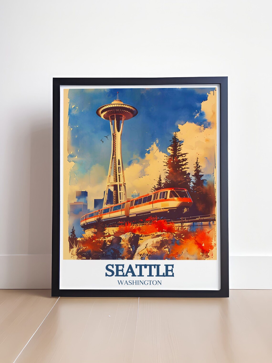 Seattle Space Needle and Monorail Watercolor Washington Travel Poster - Image 4