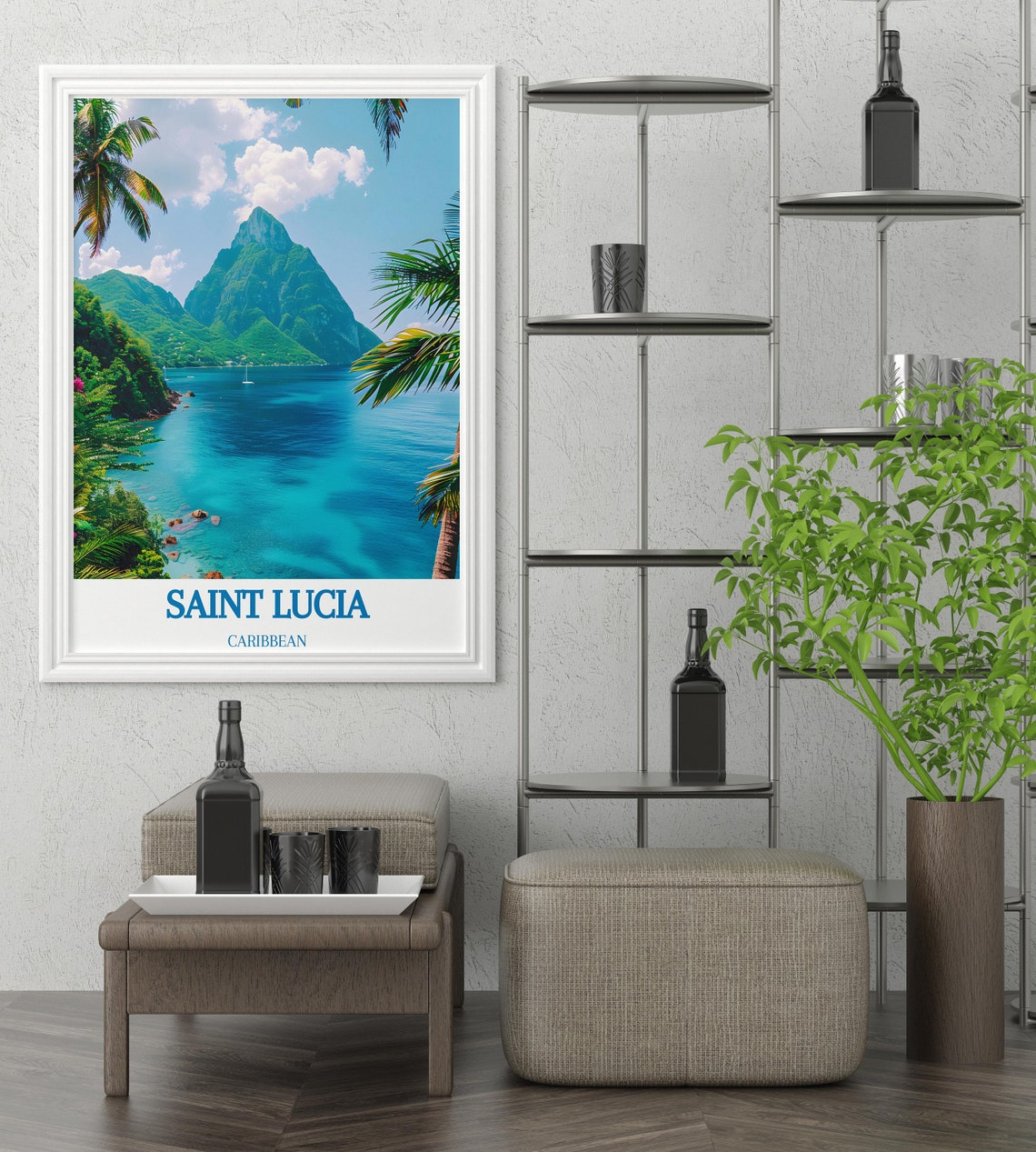 Saint Lucia Pitons Twin Peaks Over Turquoise Bay Palm View Poster - Image 3