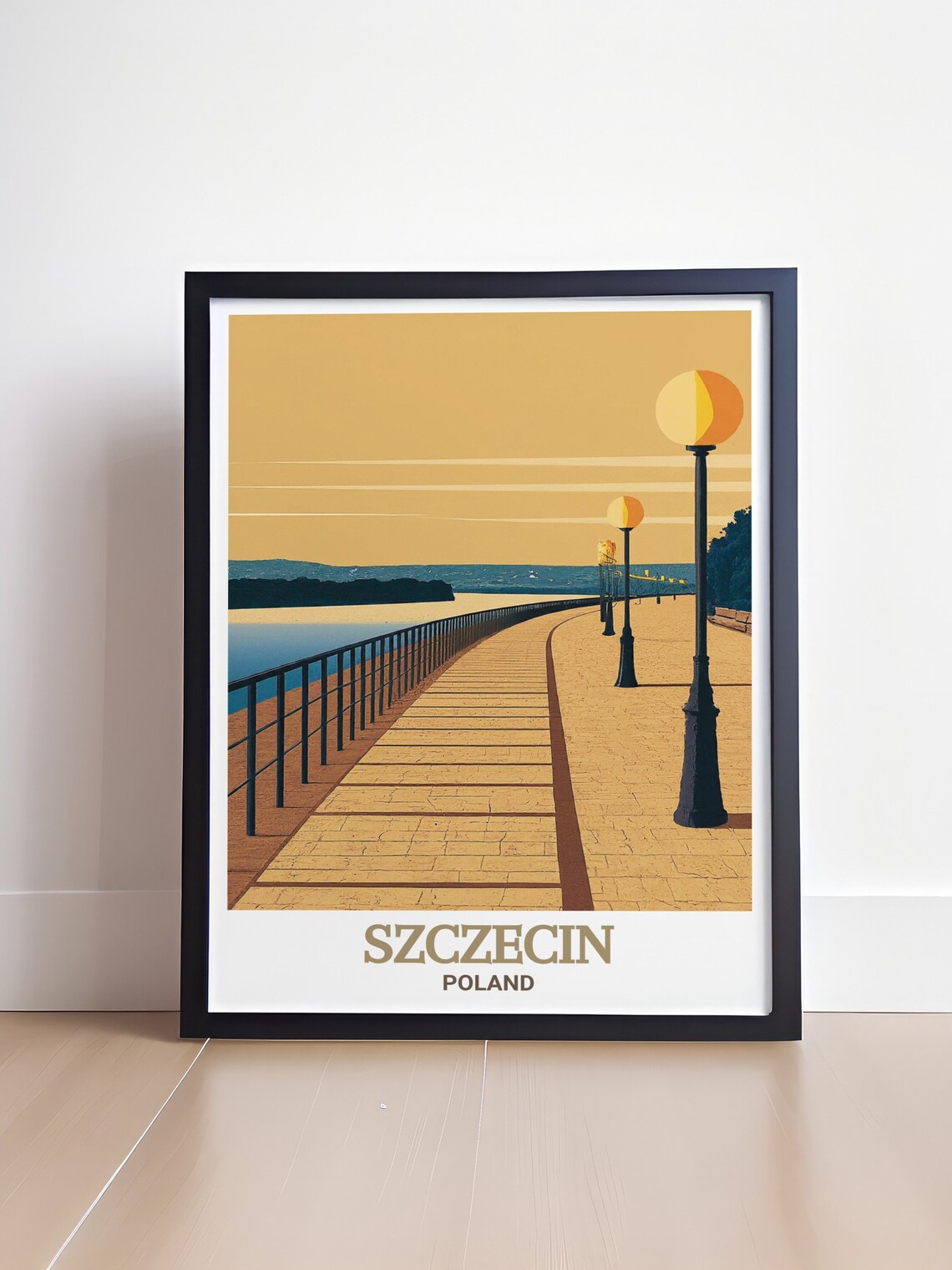 Szczecin Poland Golden Riverside Promenade At Dusk Travel Poster - Image 4