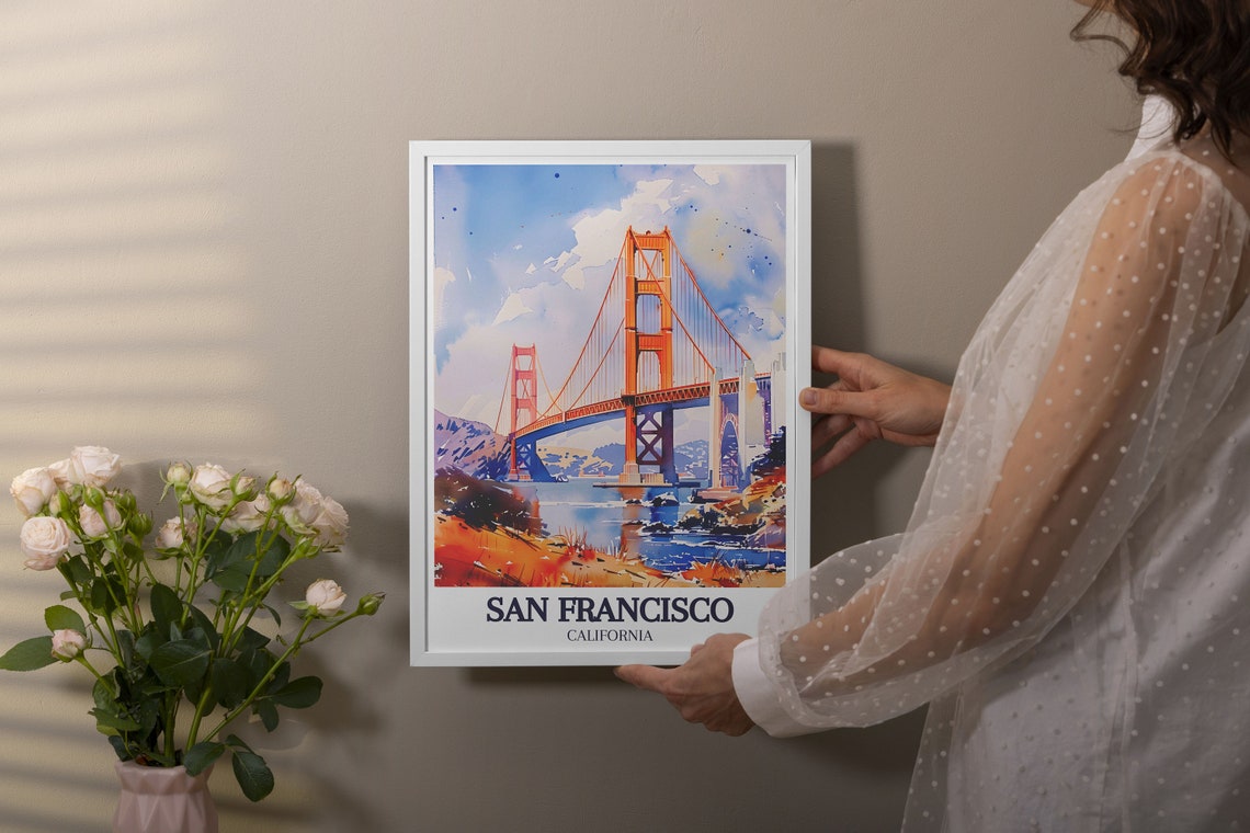 San Francisco Golden Gate Bridge Tower Watercolor Art Poster - Image 2