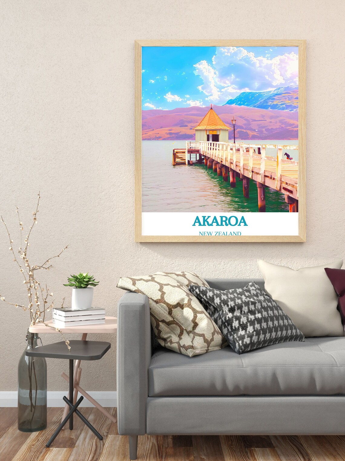 Akaroa New Zealand Harbour Pier Against The Purple Hills Poster - Image 3