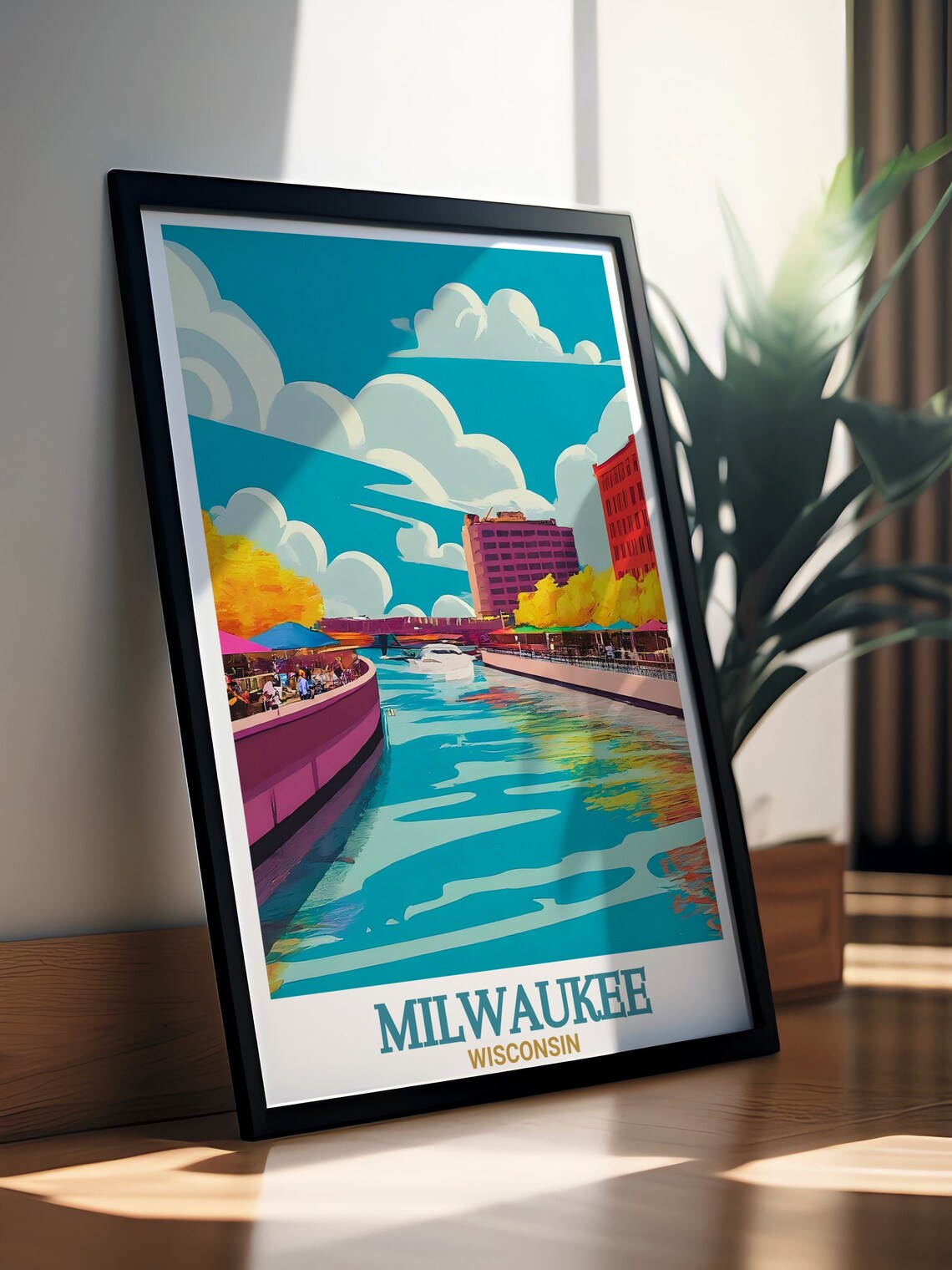 Milwaukee Riverwalk Cafes Under Bright Teal Skies Travel Poster - Image 2