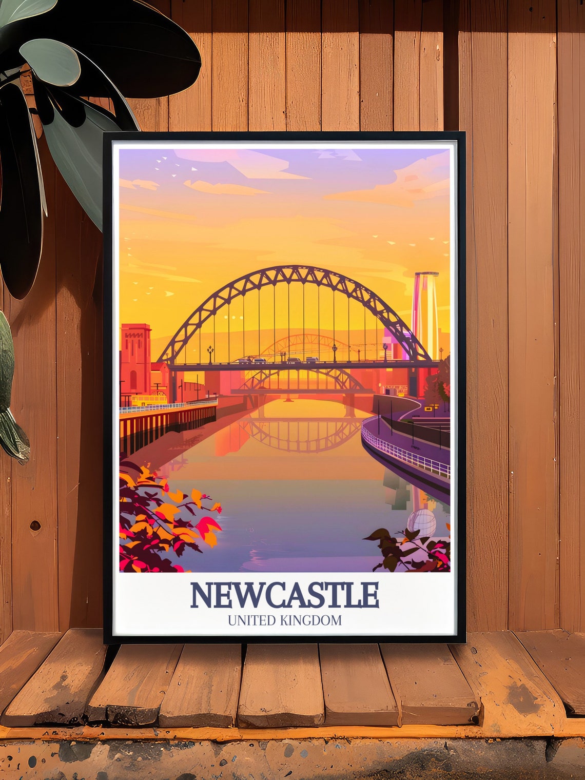 Newcastle Tyne Bridge Golden Sunset Reflection Retro Travel Poster - Image 3