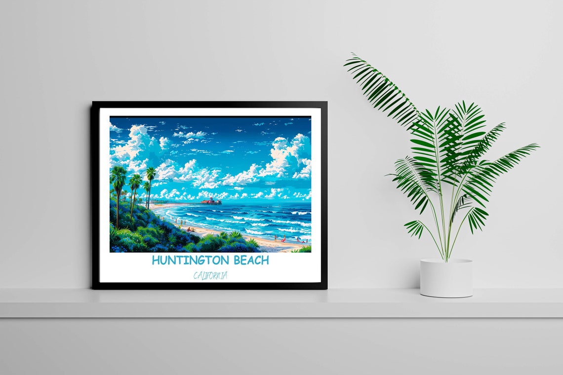 Huntington Beach California Pier Palms Aerial Coast Travel Poster - Image 3