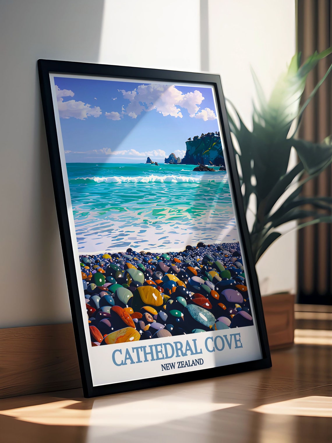 Cathedral Cove Gemstone Pebble Beach Waves New Zealand Poster - Image 2