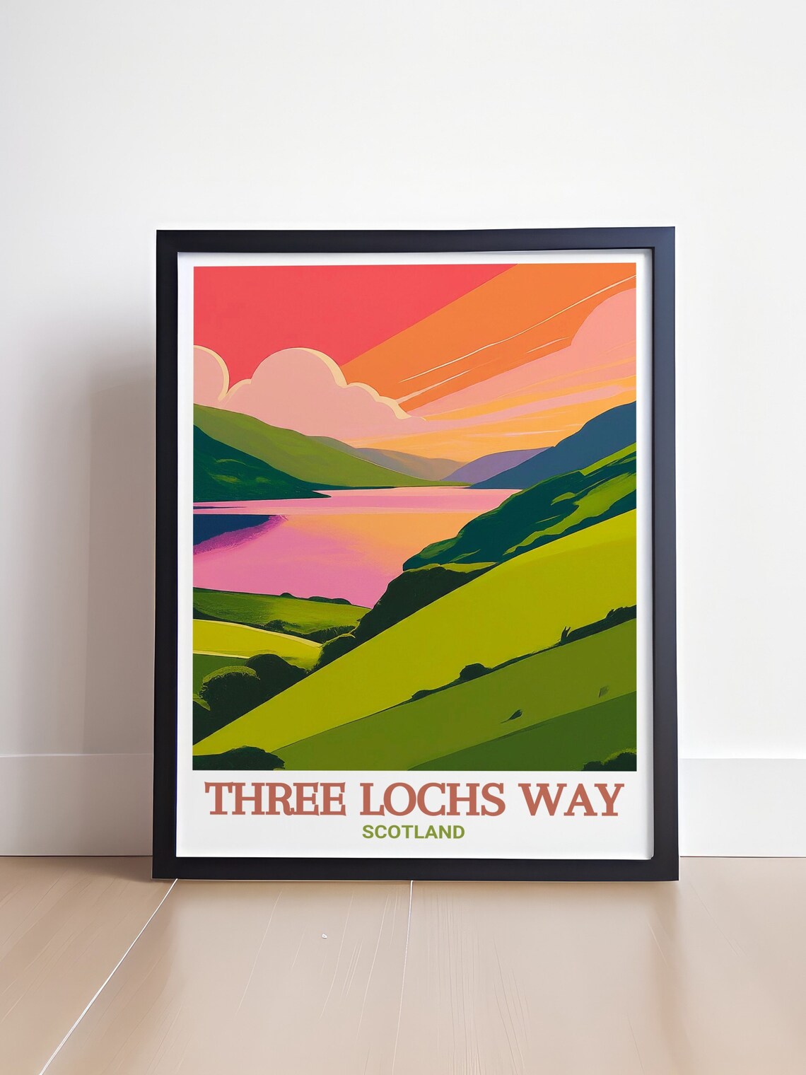 Three Lochs Way Scotland Sunset Loch Green Hills Pink Sky Poster - Image 4