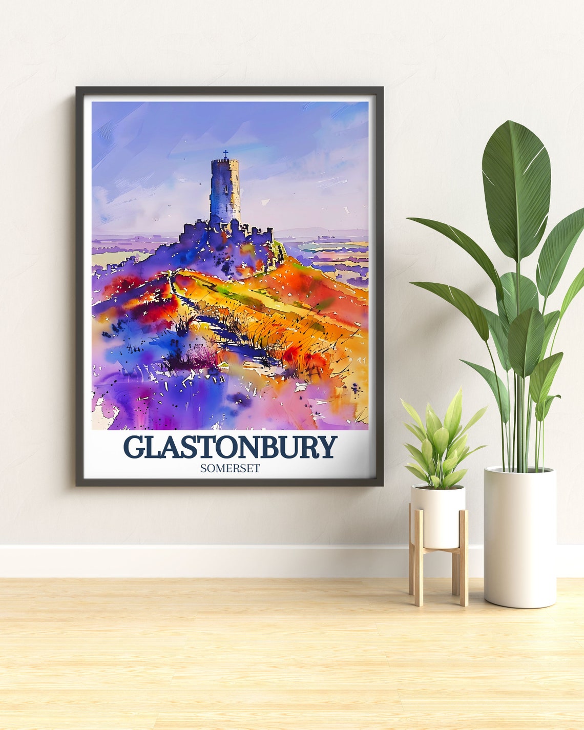 Glastonbury Tor Watercolor Poster Over the Somerset Sunset Hills - Image 2