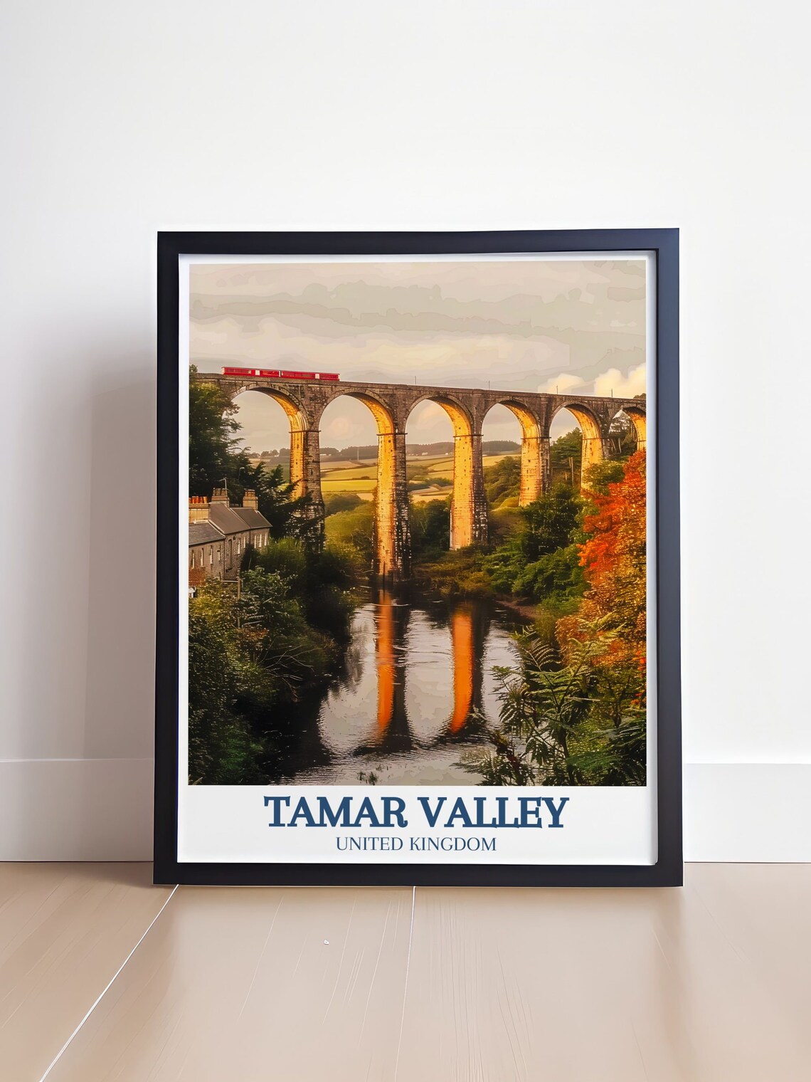 Calstock Viaduct Red Train Over Autumn River UK Travel Poster - Image 4