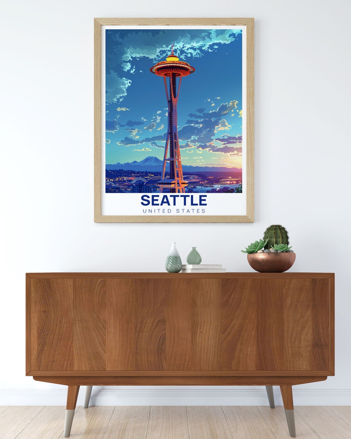Seattle Space Needle Sunset Mount Rainier Skyline Travel Poster - Image 3