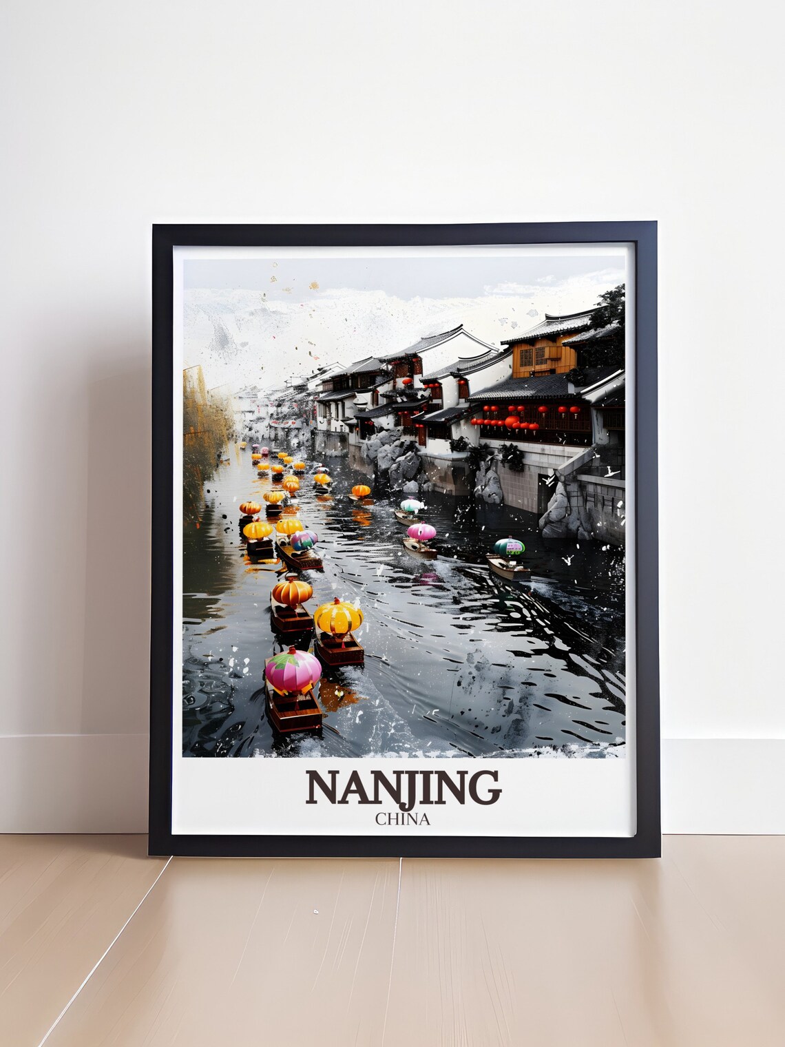 Nanjing China Qinhuai River Parasol Boats Night Scene Art Poster - Image 4