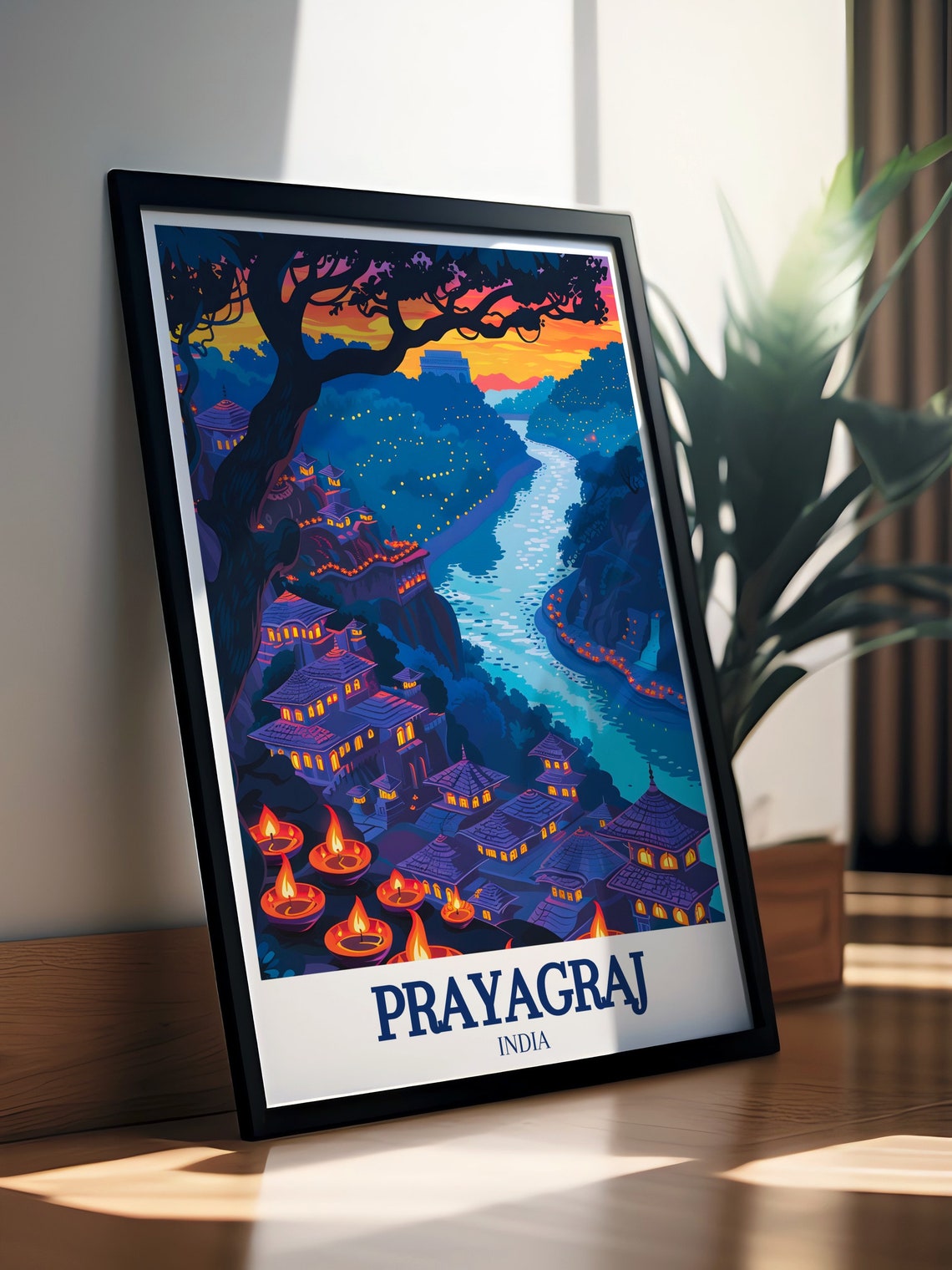 Prayagraj India Diwali Night Temple Lights River Scene Poster - Image 3