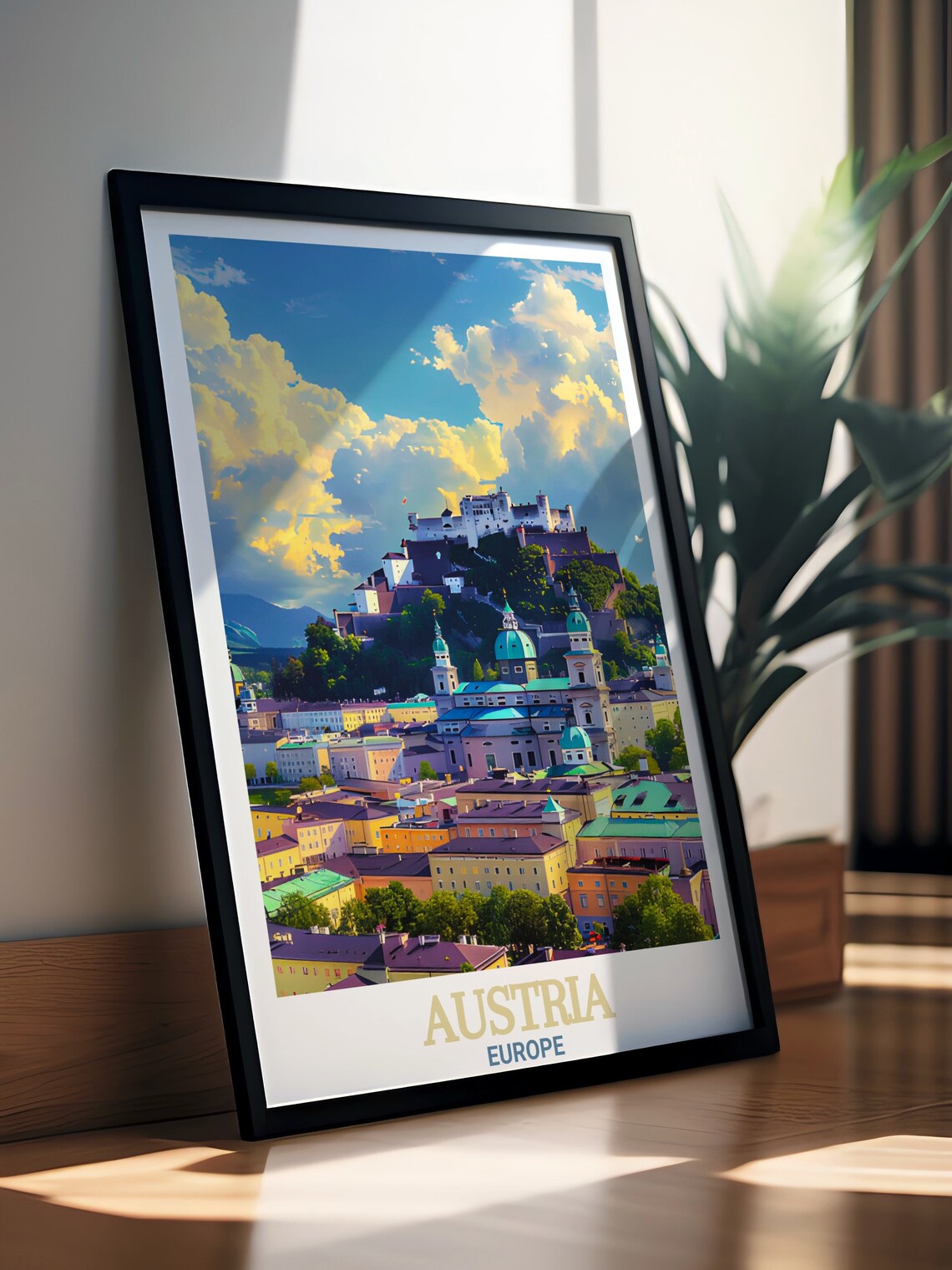 Salzburg Historic Center Fortress Golden Clouds Travel Art Poster - Image 2